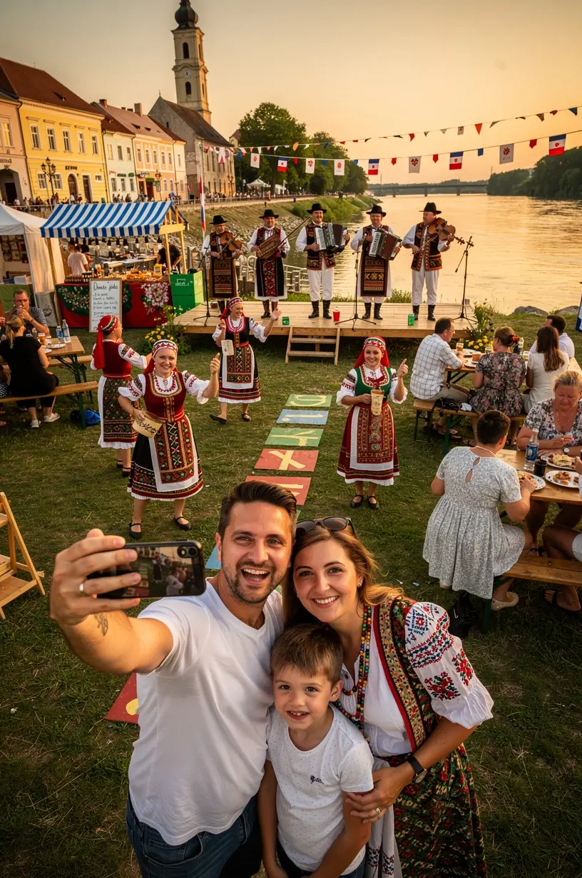 Kultúrna akcia na námestí malého mesta s ľudovými tancami a hudobnými vystúpeniami.